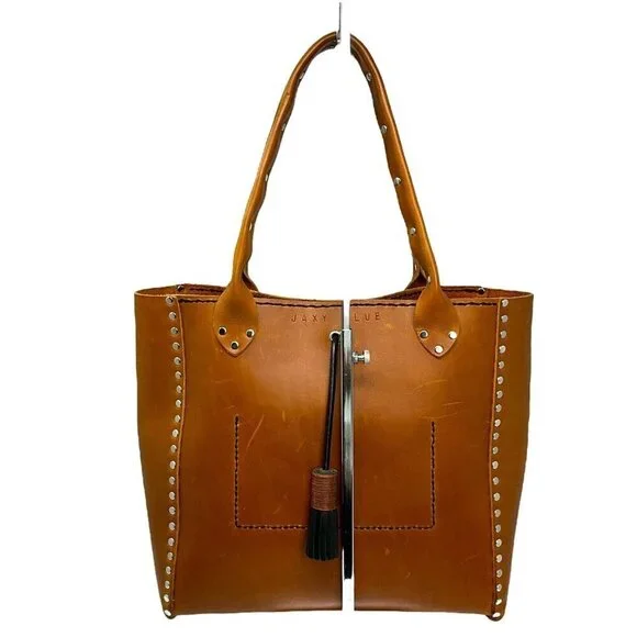 Jaxy Blue Medium Leather Tote Bag Brown Handmade Studded Western Tassel Pocket - Picture 6 of 14